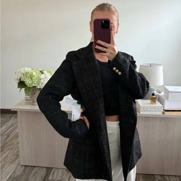 JustFab Black Tweed Blazer with Gold Buttons - Picture 2 of 9